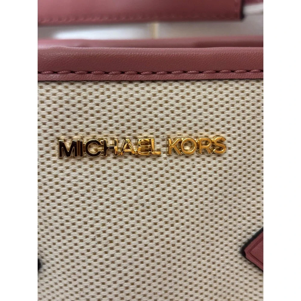 Michael Kors Tote Bag‎ Canvas Leather Trim Logo Straps Pink Gold NEW